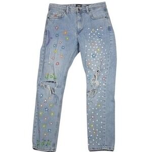 Cotton On Womens Tapered Leg Distressed Floral Embroidered Jeans Light Wash 32